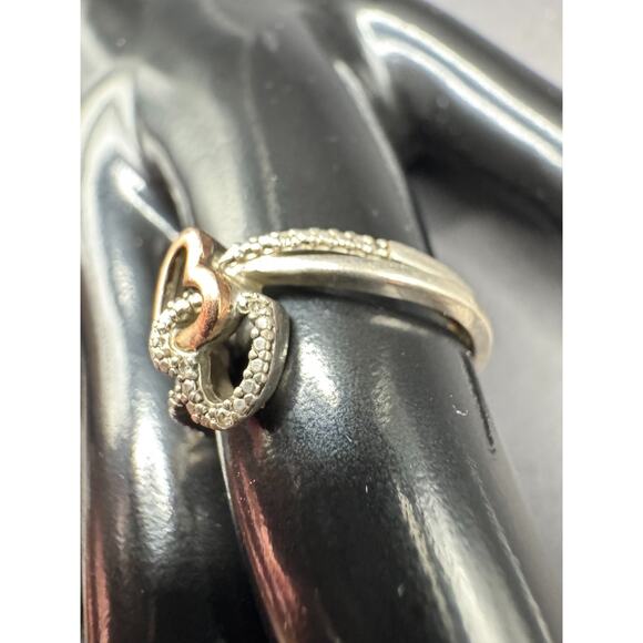 PJ Sterling Silver 925 10K Gold Accent Diamonds Double Open Heart Ring Sz 6.5 - Picture 3 of 13